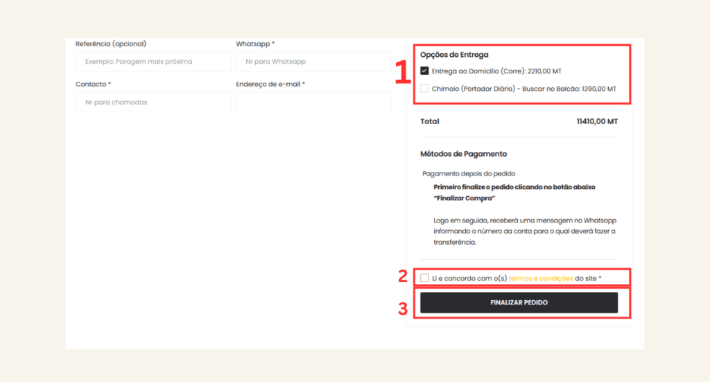 Imagem ilustrando espaço para preenchimento dos dados de entrega e finalização de compra na Hokino